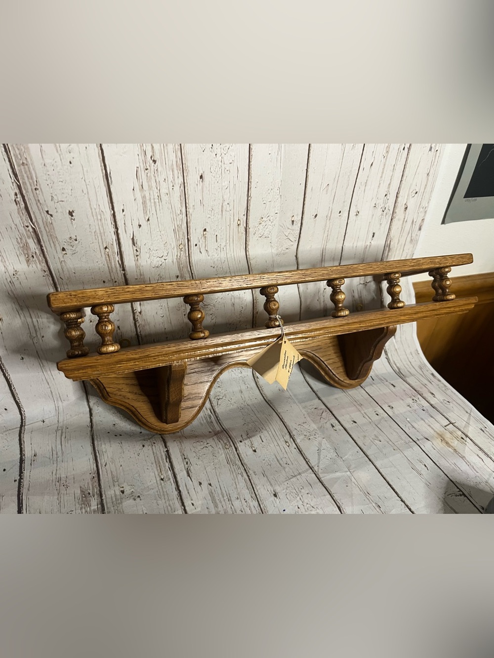 Vtg Spindle Rail Solid Oak Wood Wall Mounted Shelf 18” With Tag